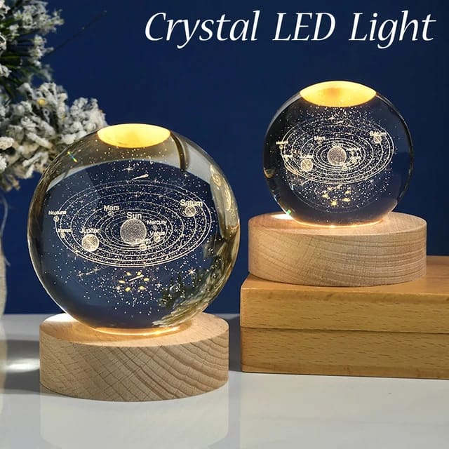 3D Crystal Solar System Warm Led with Wood Base