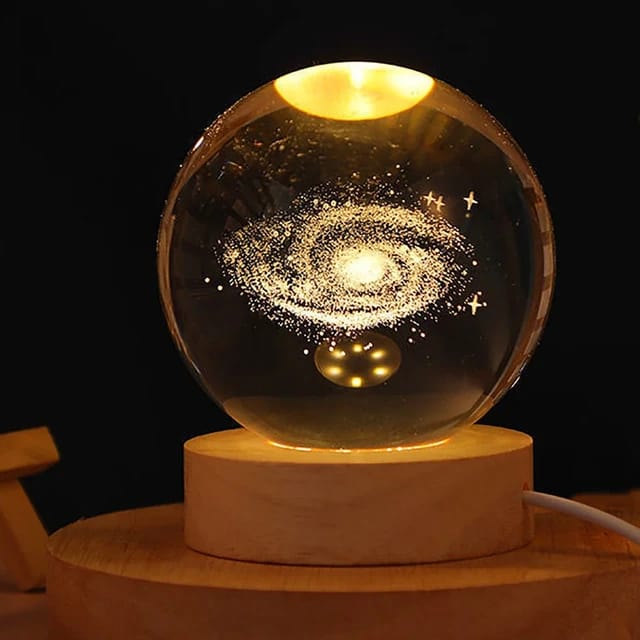 3D Crystal Galaxy Warm Led with Wood Base