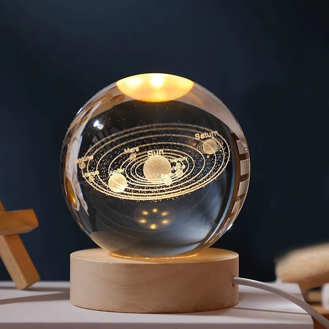 3D Crystal Solar System Warm Led with Wood Base