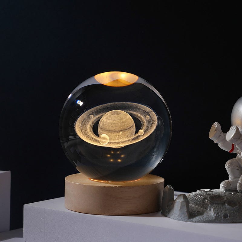 3D Crystal Saturn With Warm Led with Wood Base