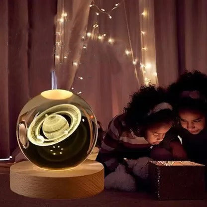 3D Crystal Saturn With Warm Led with Wood Base - Big Size