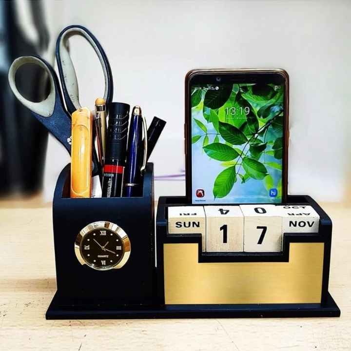 Personalised Wooden Pen Stand With Lifetime Calendar And Watch (No Cod Allowed On This Product) - Prepaid Orders Only