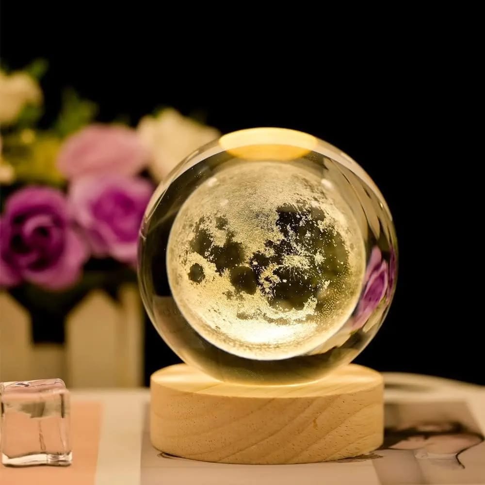 3D Crystal Moon Warm Led with Wood Base