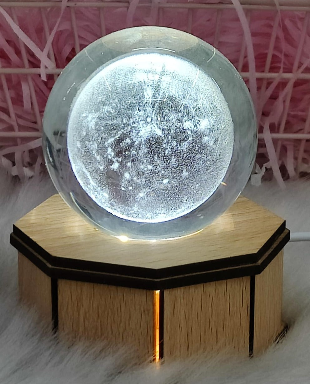 3D Crystal Moon Warm Led with Wood Base  (No Cash On Delivery Allowed On This Product) - Prepaid Orders Only