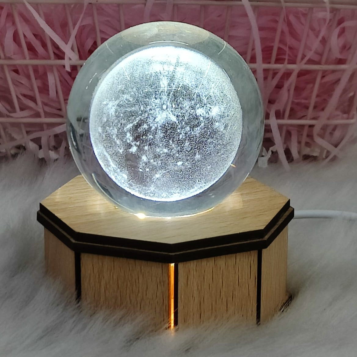 3D Crystal Moon Warm Led with Wood Base  (No Cash On Delivery Allowed On This Product) - Prepaid Orders Only