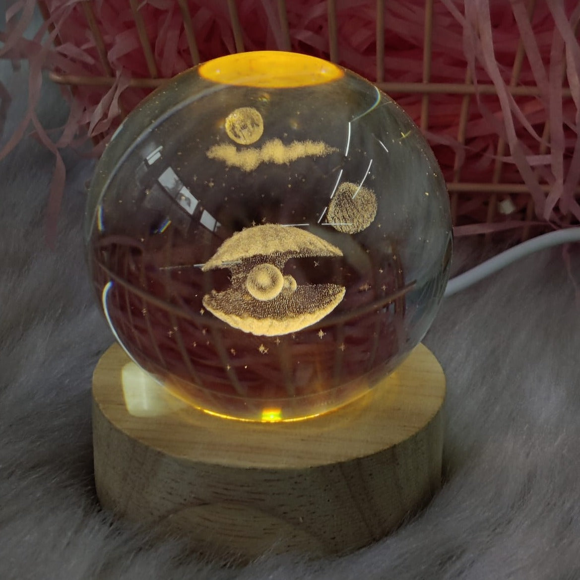 3D Crystal Moon With Shell Pearl Warm Led with Wood Base