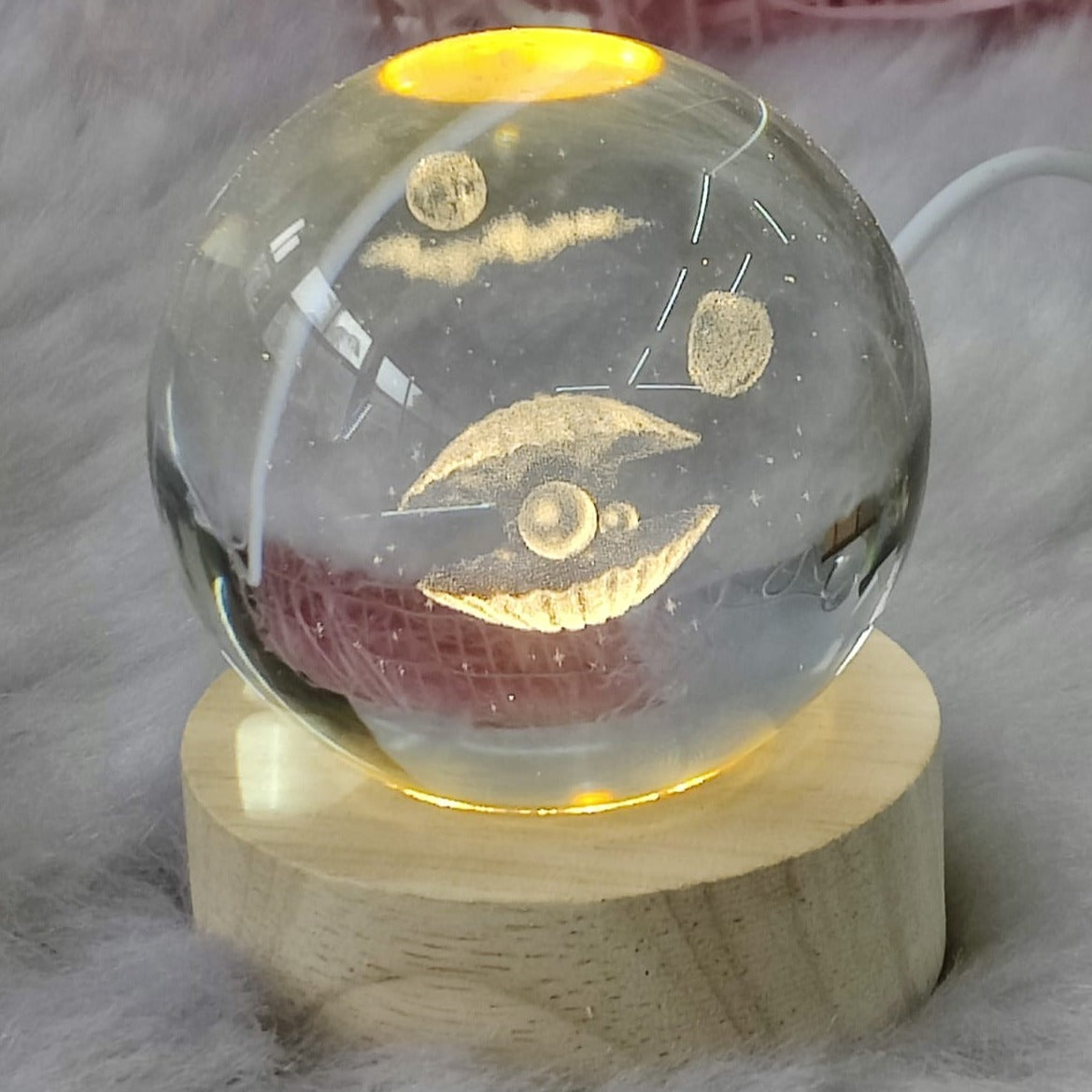 3D Crystal Moon With Shell Pearl Warm Led with Wood Base