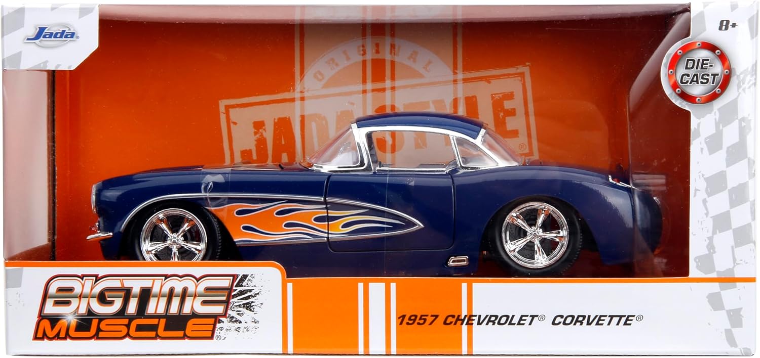 1957 Chevrolet Corvette Dark Blue with Flame Graphics and White Interior "Bigtime Muscle" Series 1/24 Diecast Model Car by Jada - (No Cash On Delivery Allowed On This Product