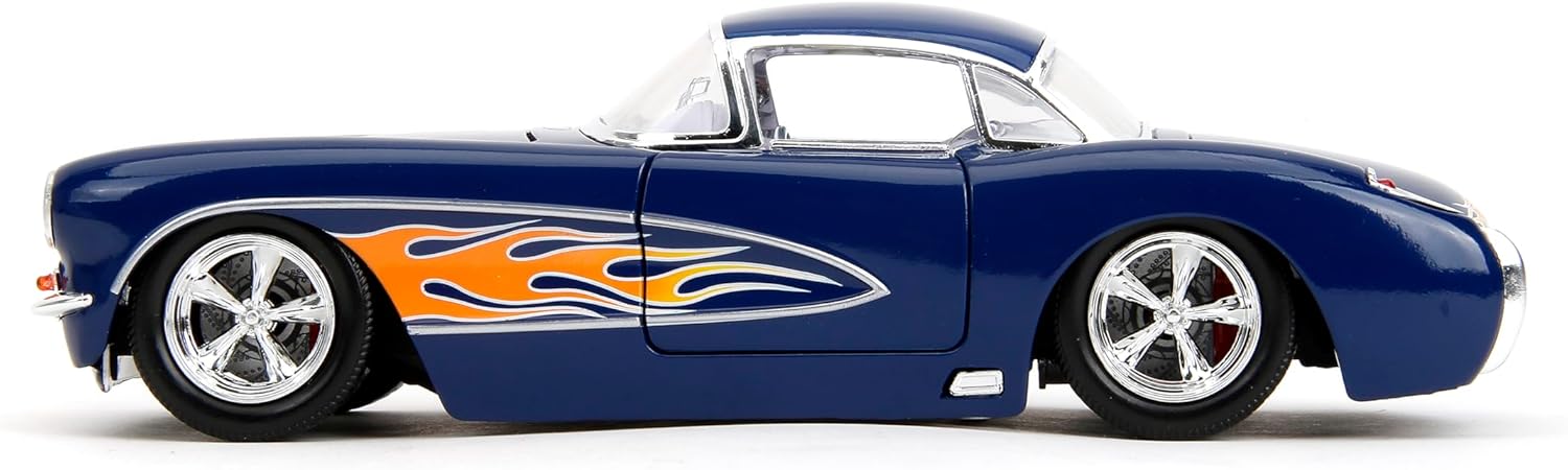 1957 Chevrolet Corvette Dark Blue with Flame Graphics and White Interior "Bigtime Muscle" Series 1/24 Diecast Model Car by Jada - (No Cash On Delivery Allowed On This Product