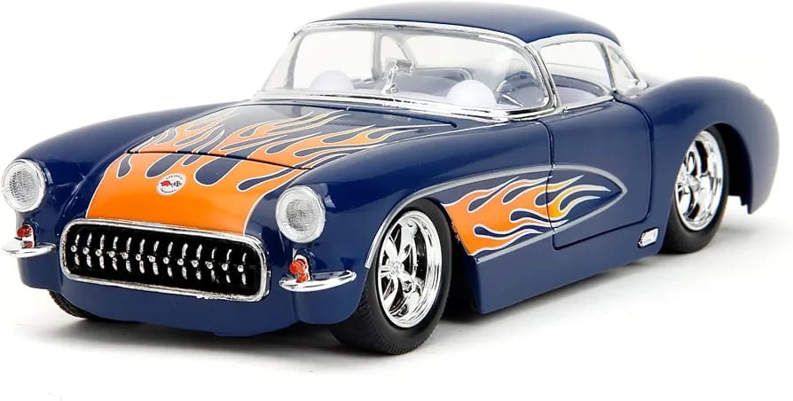 1957 Chevrolet Corvette Dark Blue with Flame Graphics and White Interior "Bigtime Muscle" Series 1/24 Diecast Model Car by Jada - (No Cash On Delivery Allowed On This Product