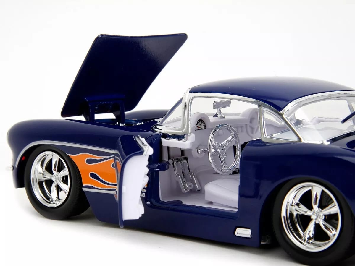 1957 Chevrolet Corvette Dark Blue with Flame Graphics and White Interior "Bigtime Muscle" Series 1/24 Diecast Model Car by Jada - (No Cash On Delivery Allowed On This Product