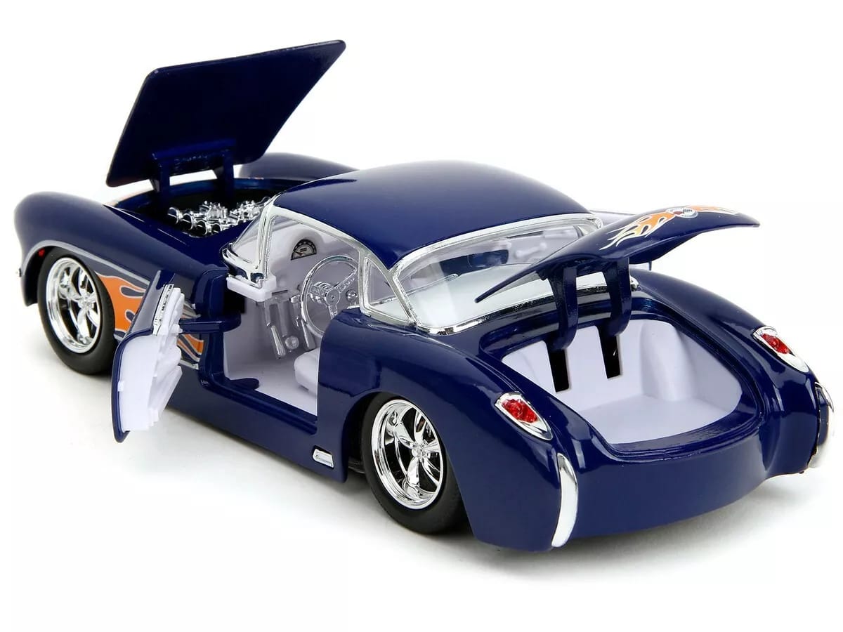 1957 Chevrolet Corvette Dark Blue with Flame Graphics and White Interior "Bigtime Muscle" Series 1/24 Diecast Model Car by Jada - (No Cash On Delivery Allowed On This Product