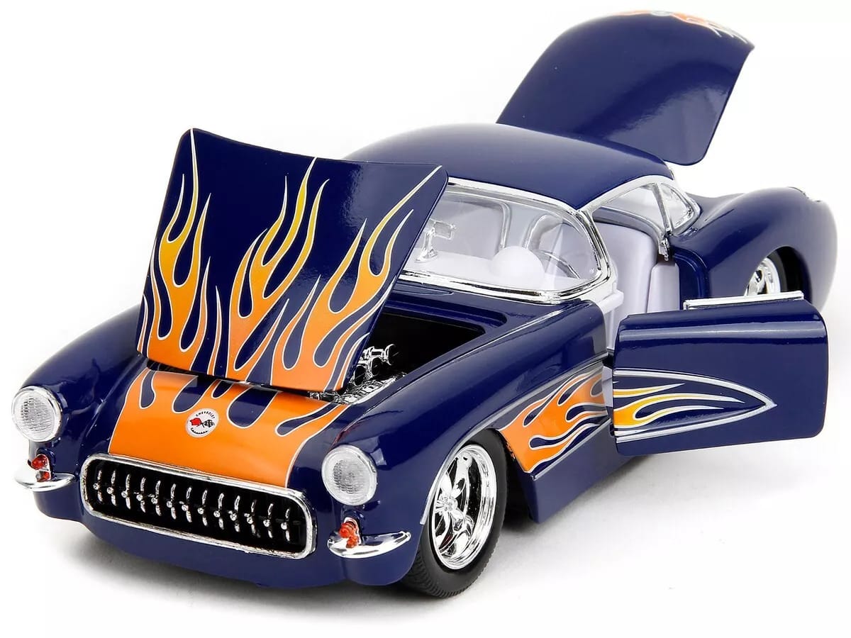 1957 Chevrolet Corvette Dark Blue with Flame Graphics and White Interior "Bigtime Muscle" Series 1/24 Diecast Model Car by Jada - (No Cash On Delivery Allowed On This Product