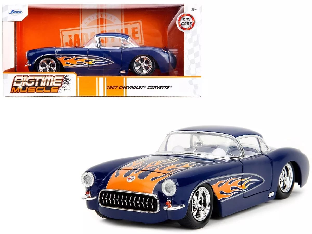 1957 Chevrolet Corvette Dark Blue with Flame Graphics and White Interior "Bigtime Muscle" Series 1/24 Diecast Model Car by Jada - (No Cash On Delivery Allowed On This Product