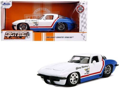 1963 Chevy Corvette Stingray White and Blue with Red Stripe "Chevy Racing" "Bigtime Muscle" Series 1/24 Diecast Model Car by Jada - (No Cash On Delivery Allowed On This Product)