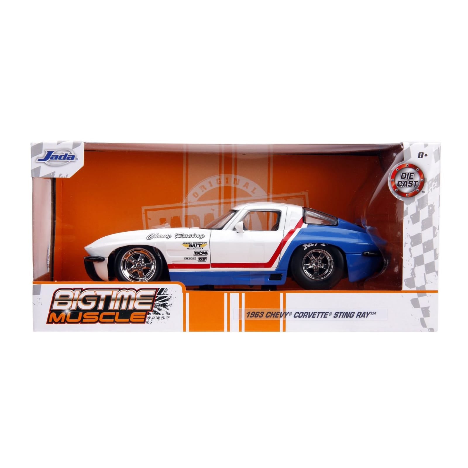 1963 Chevy Corvette Stingray White and Blue with Red Stripe "Chevy Racing" "Bigtime Muscle" Series 1/24 Diecast Model Car by Jada - (No Cash On Delivery Allowed On This Product)