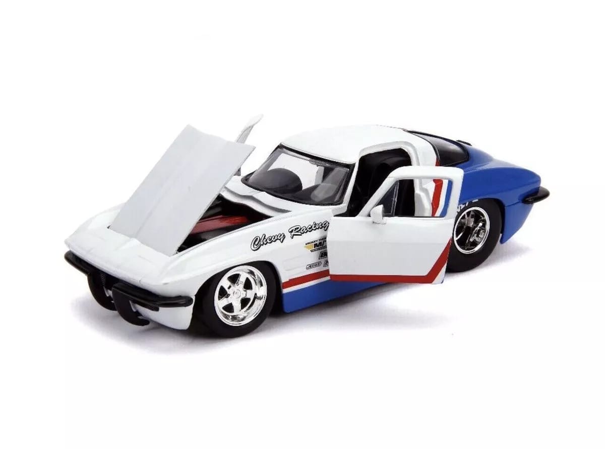 1963 Chevy Corvette Stingray White and Blue with Red Stripe "Chevy Racing" "Bigtime Muscle" Series 1/24 Diecast Model Car by Jada - (No Cash On Delivery Allowed On This Product)