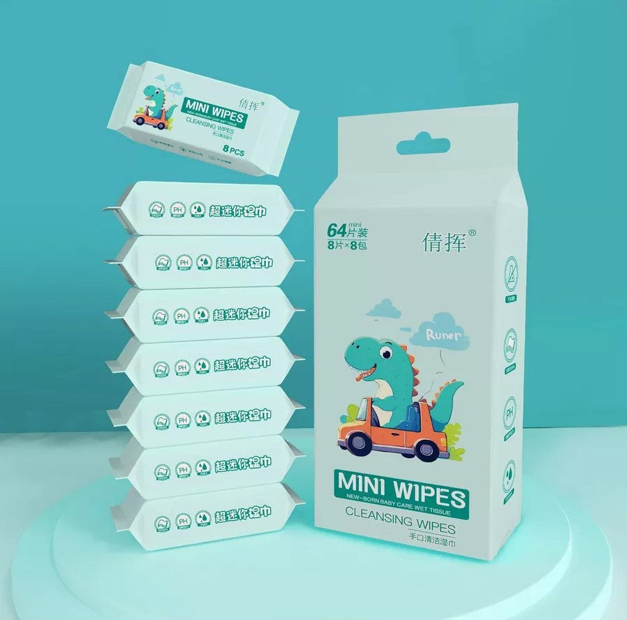 Mini Pocket Wet Wipes (Pack of 8 * 8 wipes each in each pack = 64 wipes)