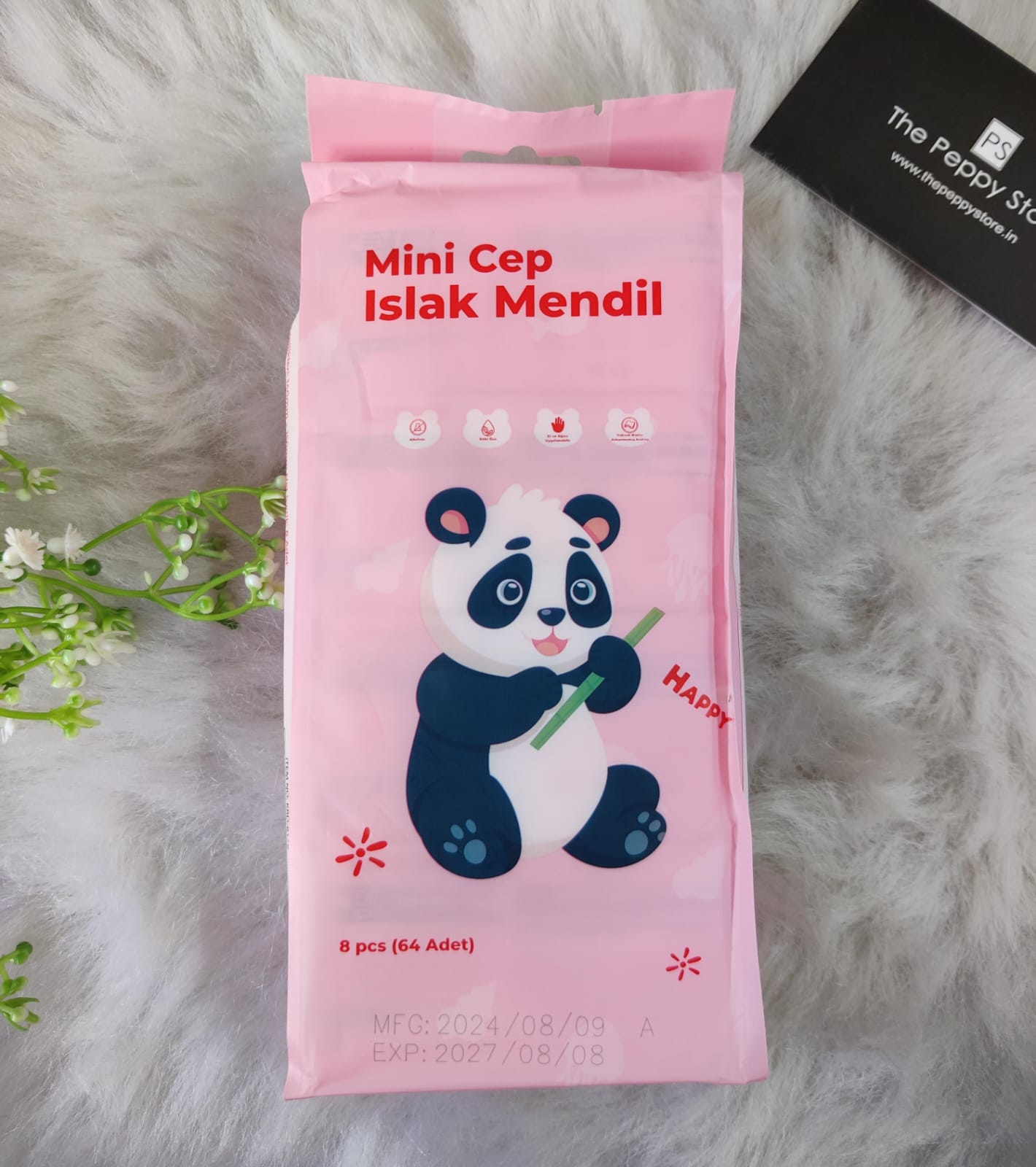 Mini Pocket Wet Wipes - Panda - Pack of 8*8 wipes each in each pack = 64 wipes