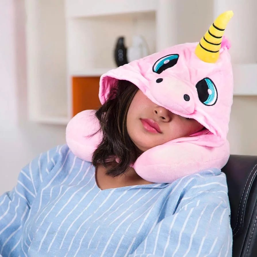 Pink Unicorn U Shaped Travel Neck Pillow with Hood Neck Support for Adult