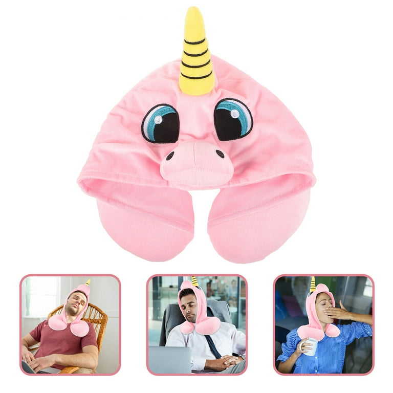 Pink Unicorn U Shaped Travel Neck Pillow with Hood Neck Support for Adult