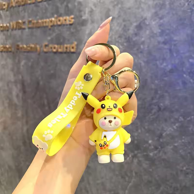 Teddy Bear x Pokemon Pikachu Cosplay 3D Silicon Keychain with Bag Charm and Strap