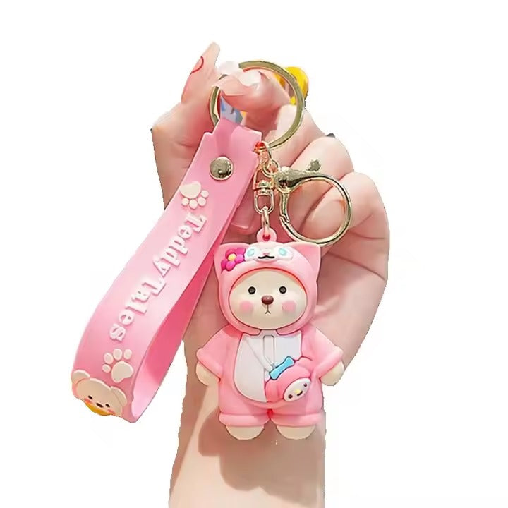 Teddy Bear x Hello Kitty Cat Cosplay 3D Silicon Keychain with Bagcharm and Strap