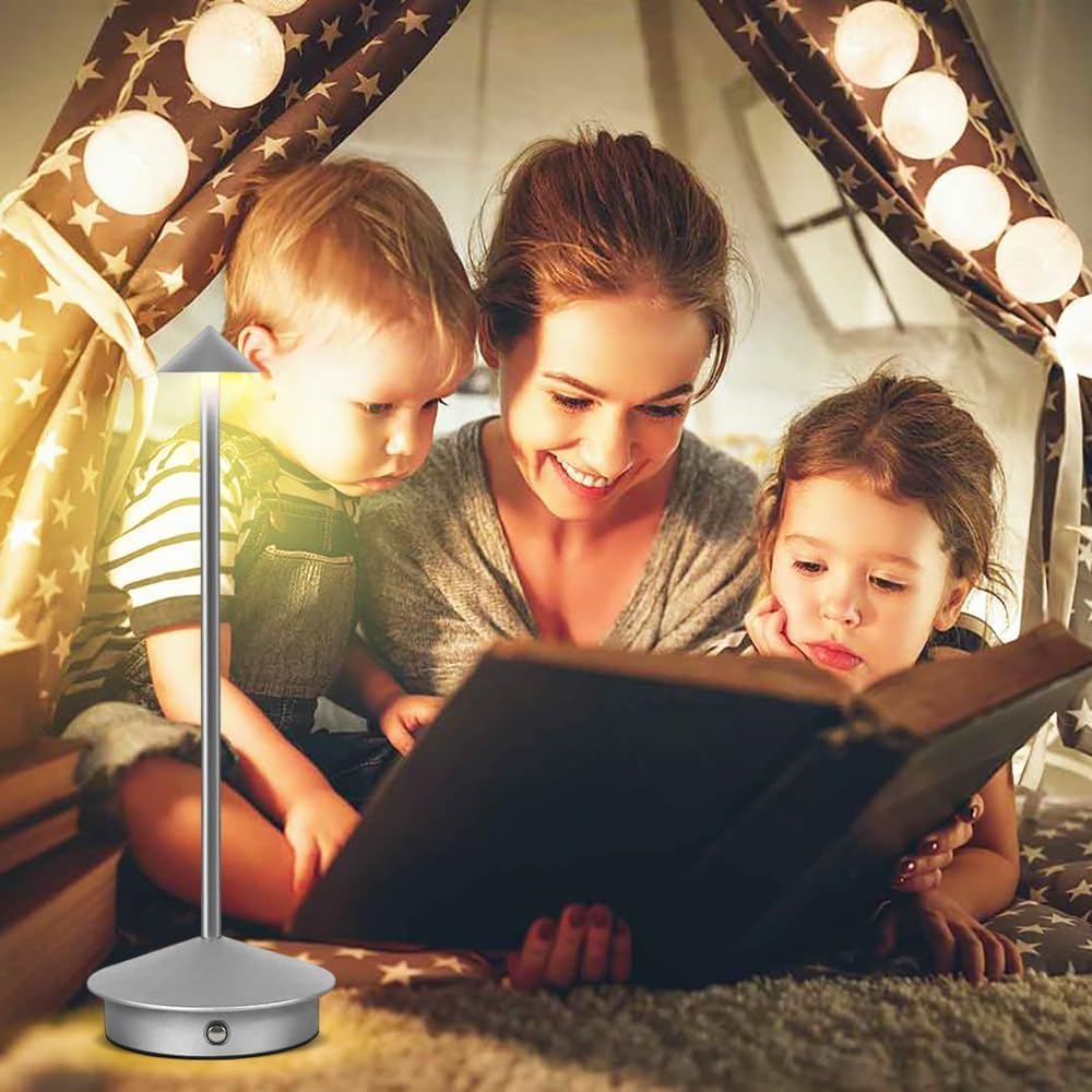 LED Rechargeable Lamp for Home Decoration, Night Lamp for Bedroom, Stepless Dimming, 3 Colour Touch Control - Metal (Silver)