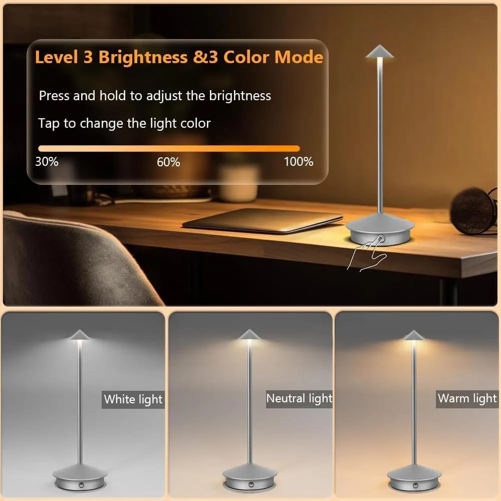 LED Rechargeable Lamp for Home Decoration, Night Lamp for Bedroom, Stepless Dimming, 3 Colour Touch Control - Metal (Silver)