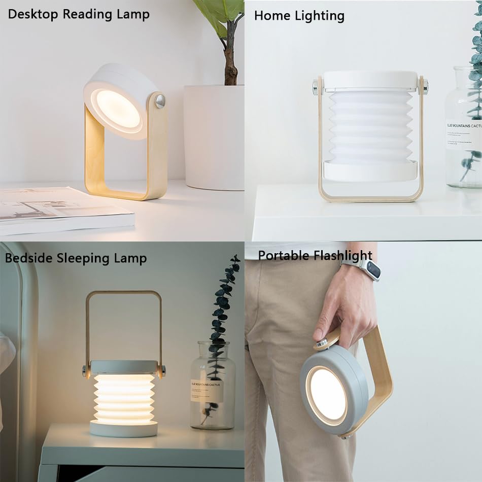 Led Portable Table Lamp Night Lights Folding Desk Lantern Touch Control Chargeable Lantern Lights 3 Levels of Brightness Wooden Handle Smart Flashlight for Night Reading Lamp