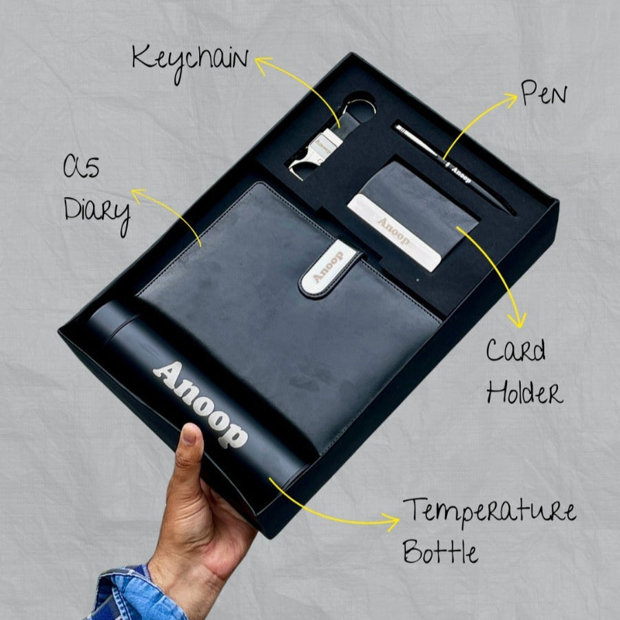 Personalised Name Gift Set - Diary , Temperature Bottle, Card Holder, Keychain & Pen (No Cod on personalised Orders) - Prepaid Orders Only
