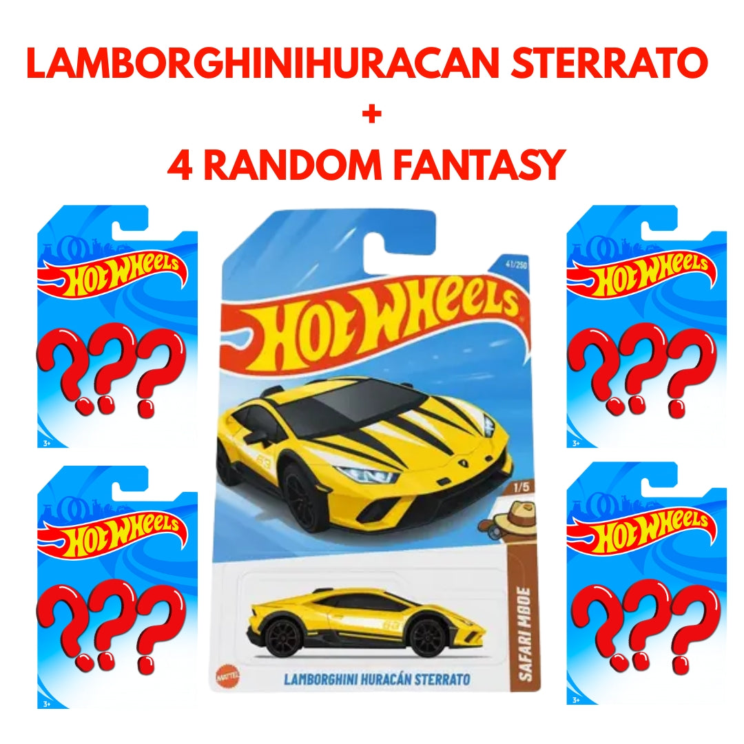 Hot Wheels Lamborghini Huracán Sterrato Plus 4 Random Fantasy Cars Combo