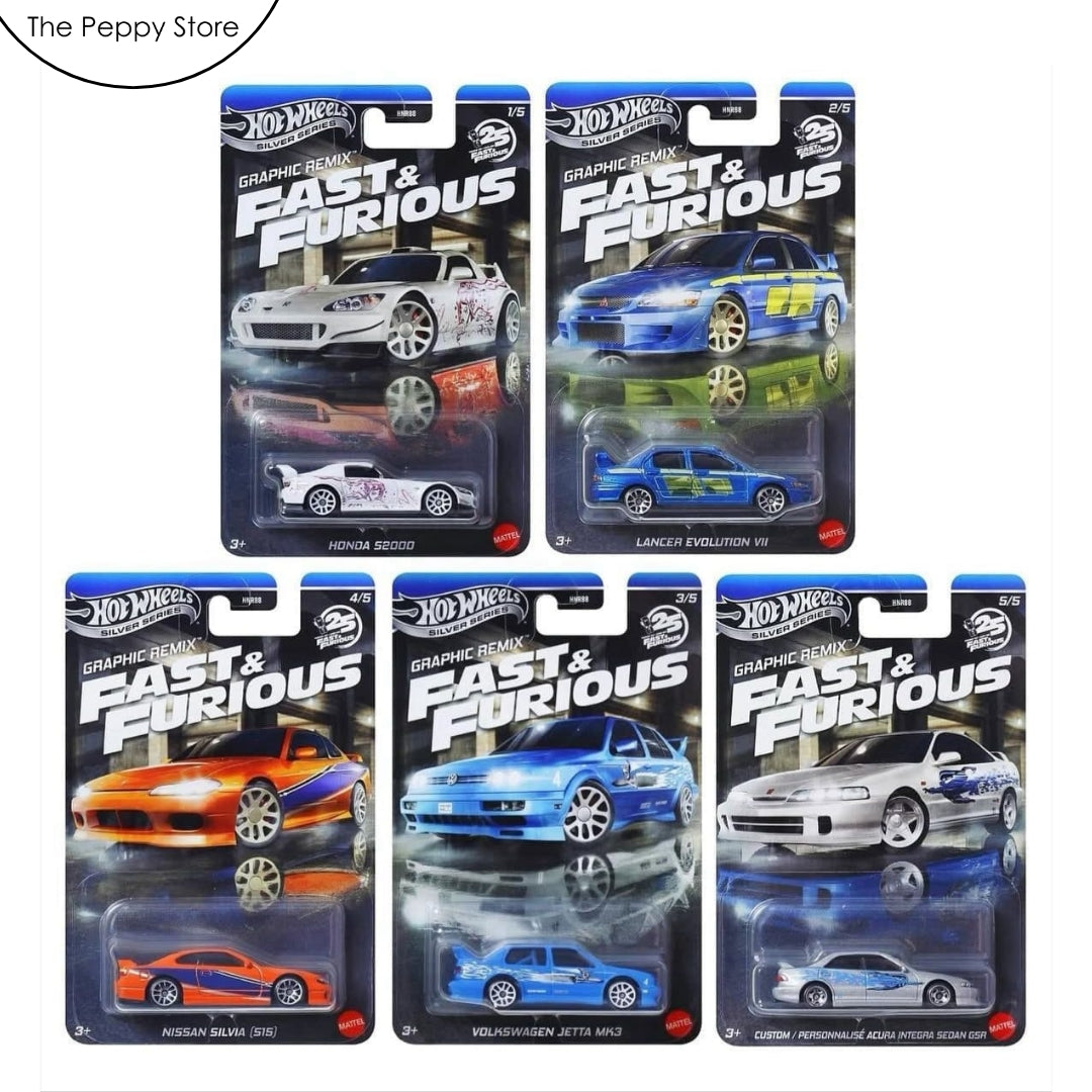 Hot Wheels Scale 1:64 Imported 2025 Fast and Furious Silver Series Graphic Remix - Set Of 5