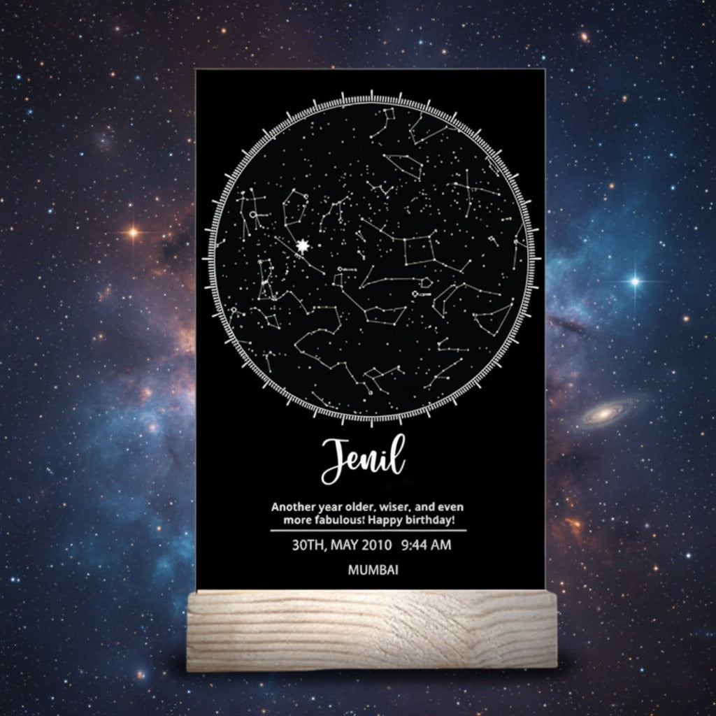 Personalized Birthday Black Star Map With Wooden Stand (No Cod Allowed On This Product)