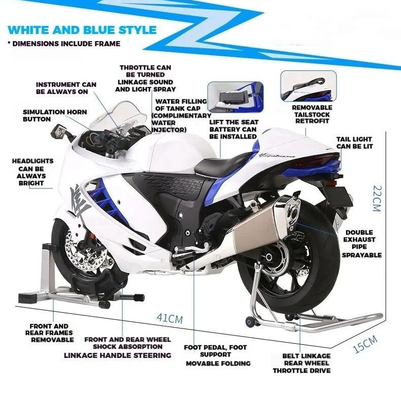 Suzuki Hayabusa GSX-1300R Alloy Model 1:6 Scale Collectible Alloy Metal Diecast Motorcycle Model with Sound, Light & Dynamic Display - Battery Operated