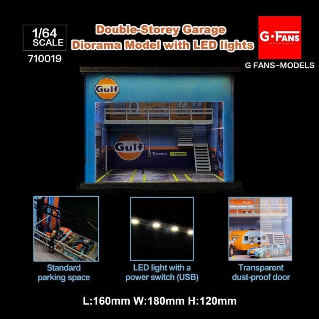 G-Fans Gulf Oil Double - Storey Garage Diorama With Lights for 1:64 Diecast Models (No Cod Allowed On This Product) - Prepaid Orders Only