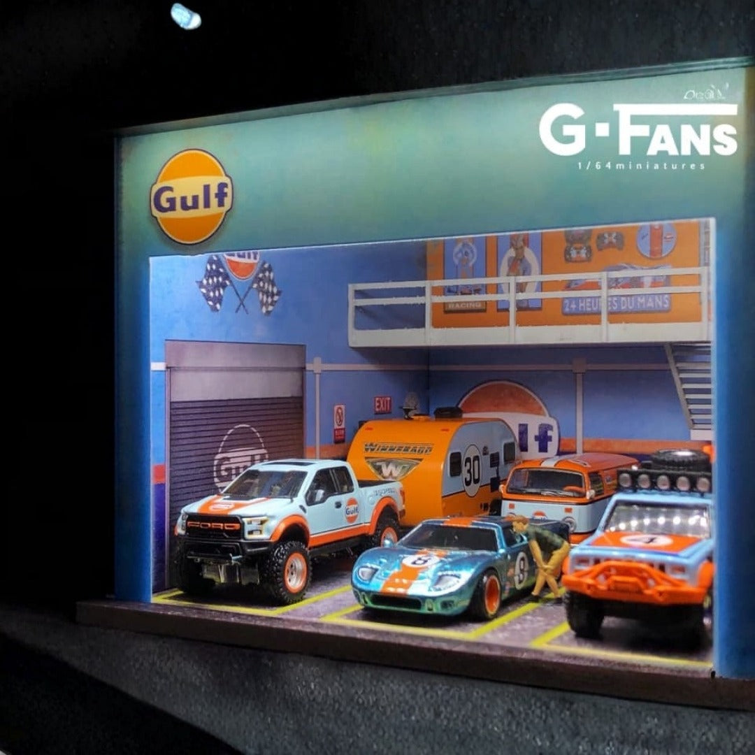 G-Fans Gulf Oil Double - Storey Garage Diorama With Lights for 1:64 Diecast Models (No Cod Allowed On This Product) - Prepaid Orders Only