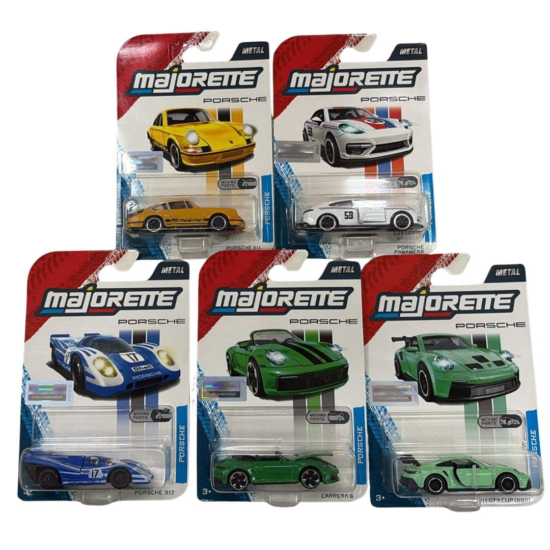 Majorette Porsche Premium Cars, 5-asst. - with Freewheel and Opening Parts Car Model - Set of 5