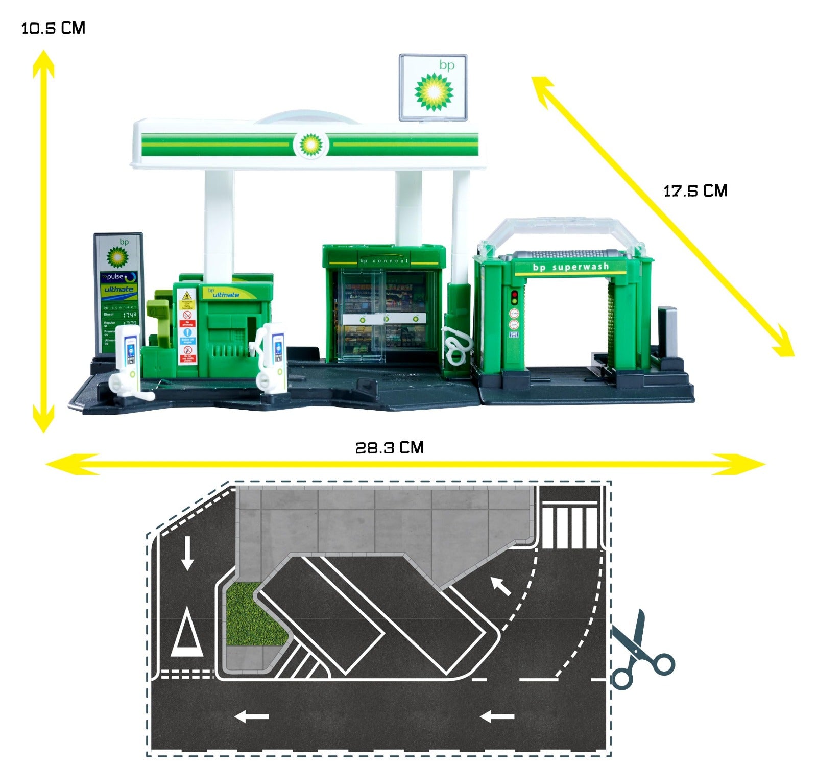Majorette Petrol Station BP Playset - 6 Parking Spaces , Carwash and EV Charger Station