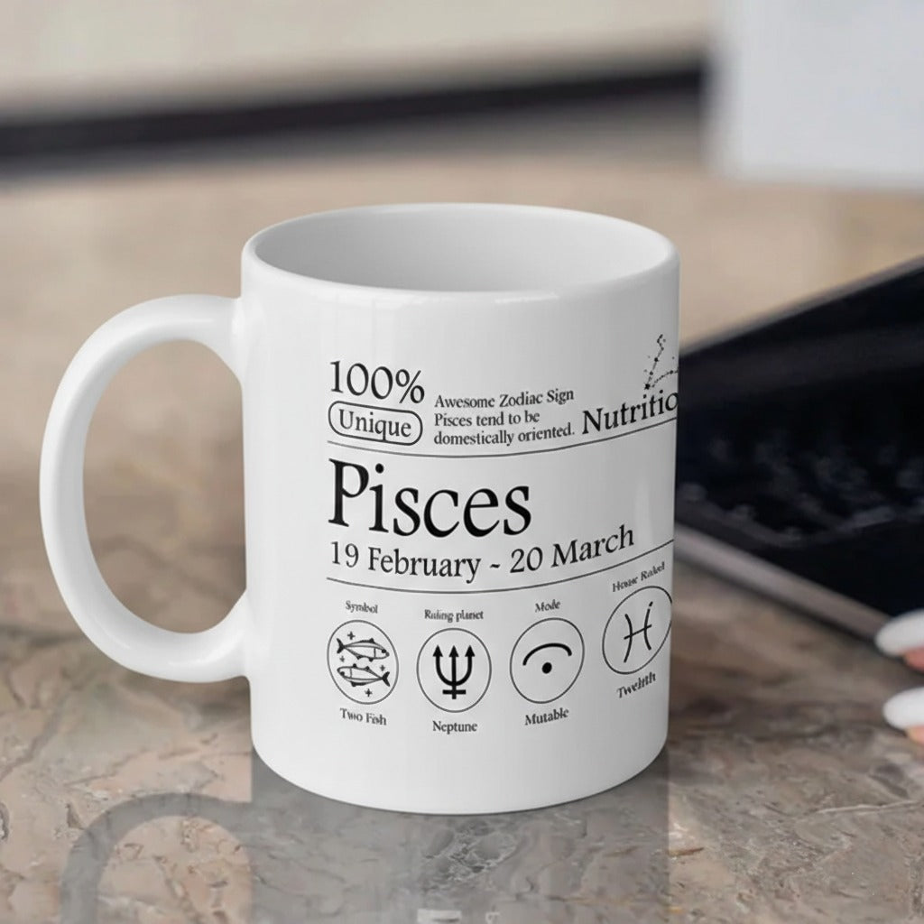 Pisces Nutrition Facts 3D White Ceramic Coffee Mug