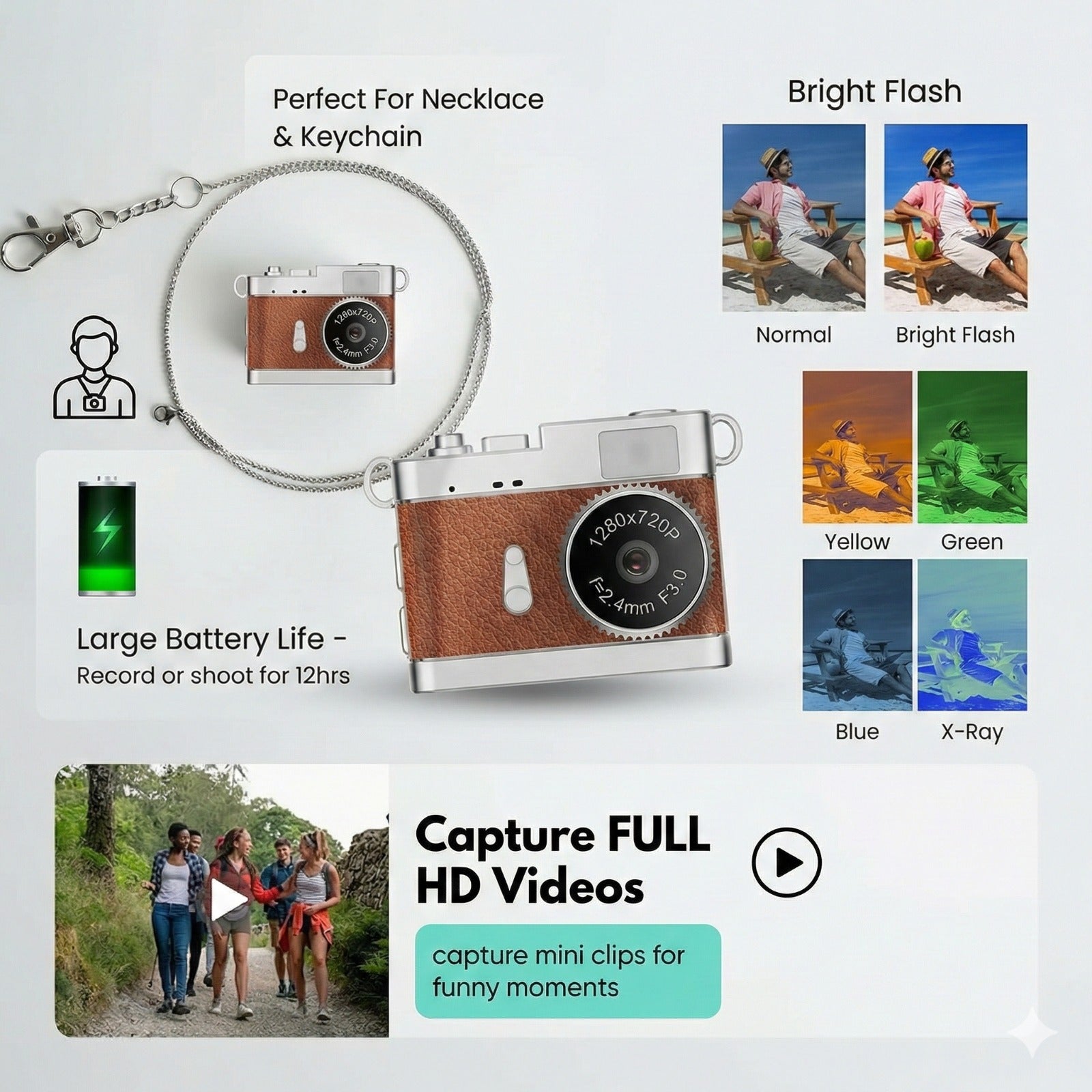 Mini Digital Camera with Filter Modes, 720p HD Video, Flashlight Keychain & Necklace (Choose From Drop Down Menu)