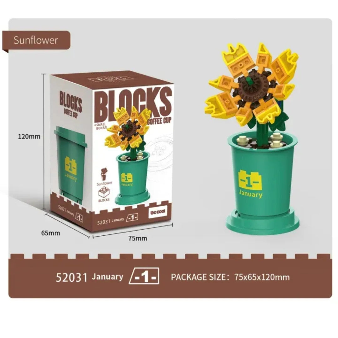 Decool 3D DIY Blocks Coffee Cup Small Bonsai for Decor - Sunflower