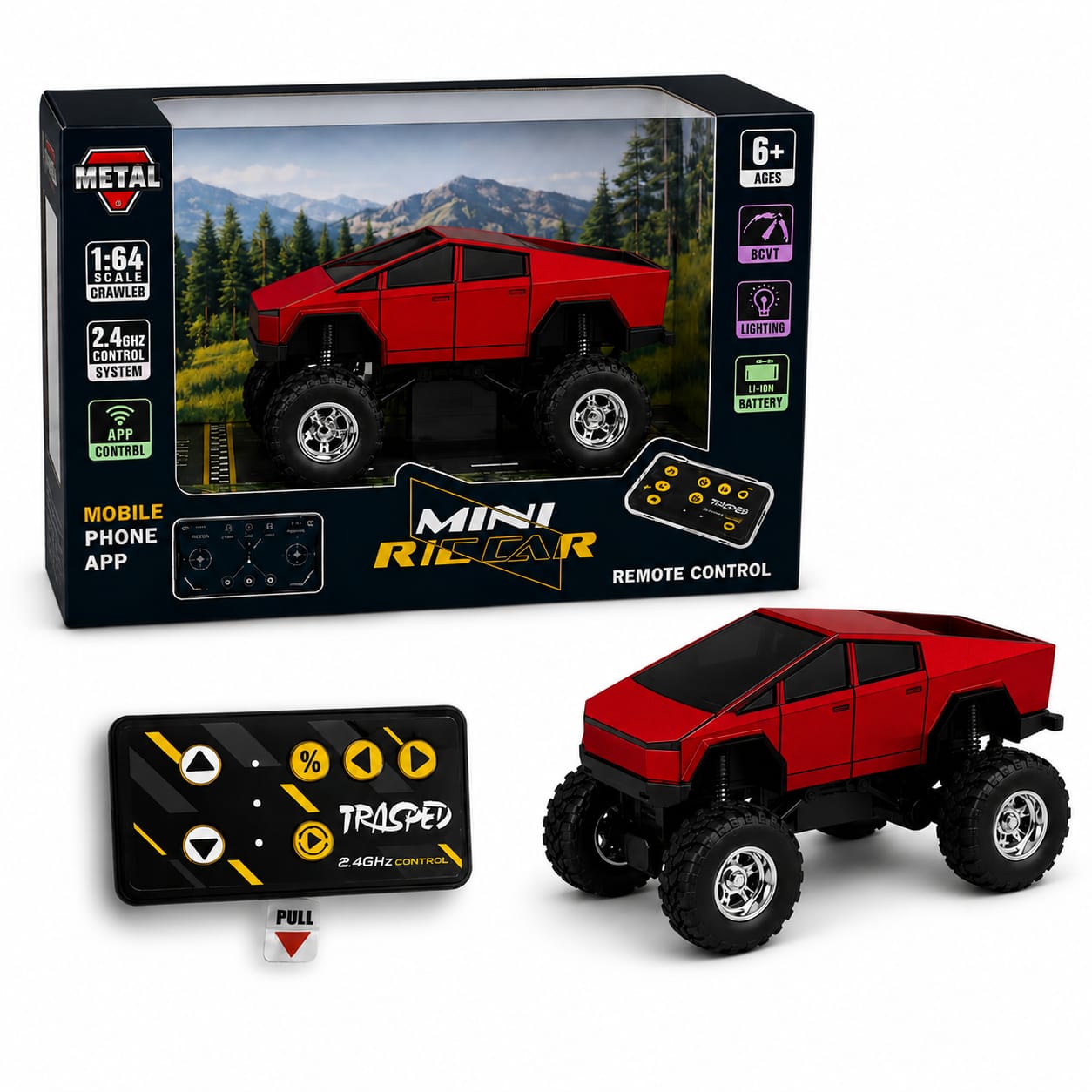 Trasped Cyber Style Mini Remote Control Monster Truck with LED Lights, 2.4GHz Remote & App Control (Red)