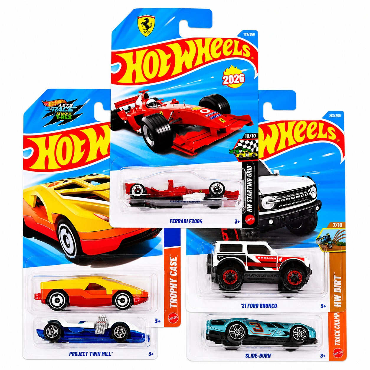 Hot Wheels 2026 Case M Combo Set of 5 - Ferrari F2004, Project Twin Mill, '21 Ford Bronco & Slide-Burn, HW test RideMainline
