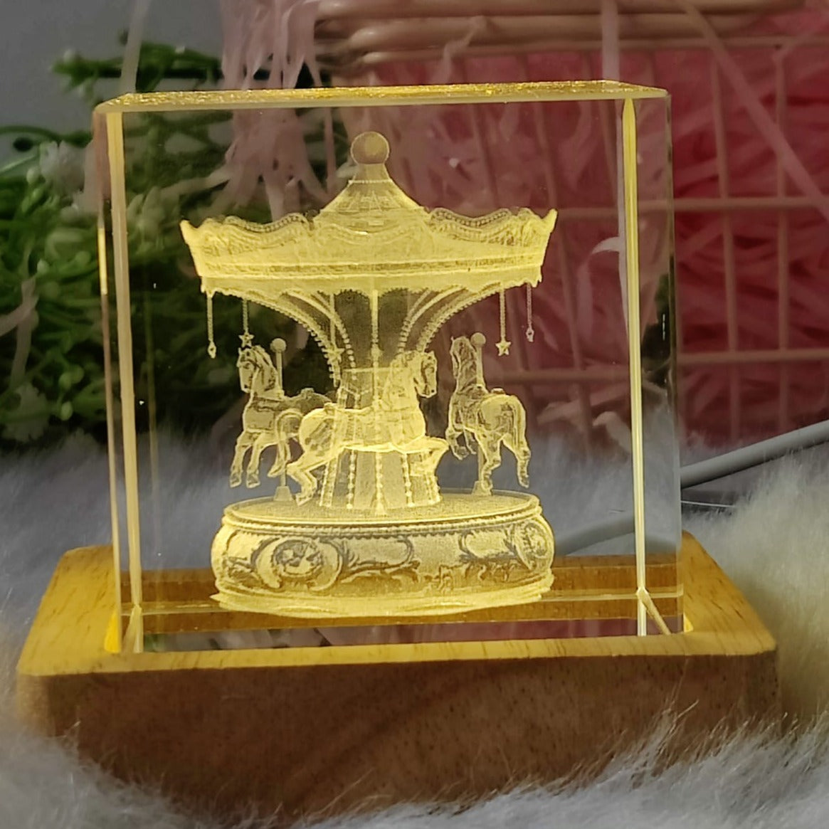 3D Crystal Merry-Go-Round Solid Cube With Warm Led with Wood Base