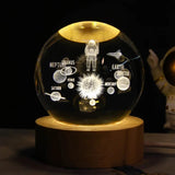 3D Crystal Astronaut With Planets Warm Led with Wood Base