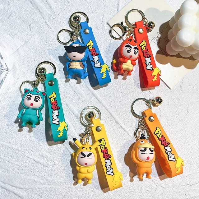 Shinchan Pokemon Cosplay Version 3D Silicon Keychain with Bagcharm and Strap (Choose From Dropdown)