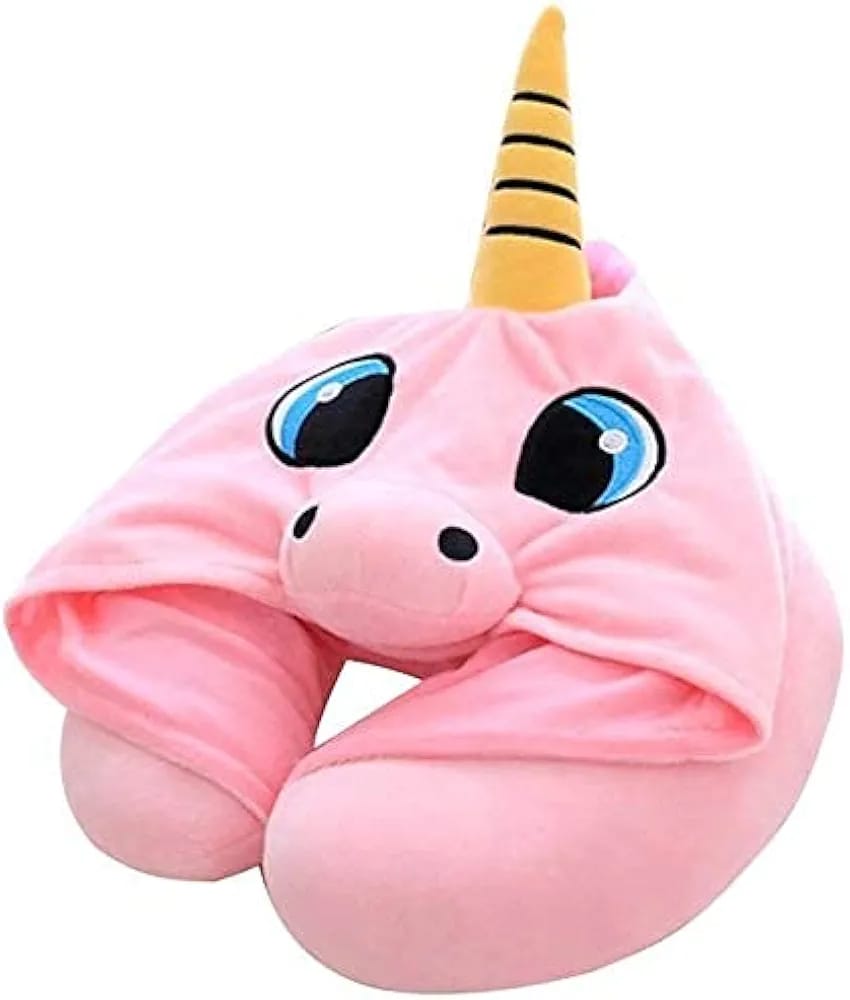 Pink Unicorn U Shaped Travel Neck Pillow with Hood Neck Support for Adult