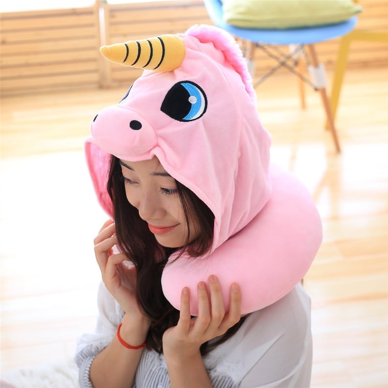 Pink Unicorn U Shaped Travel Neck Pillow with Hood Neck Support for Adult