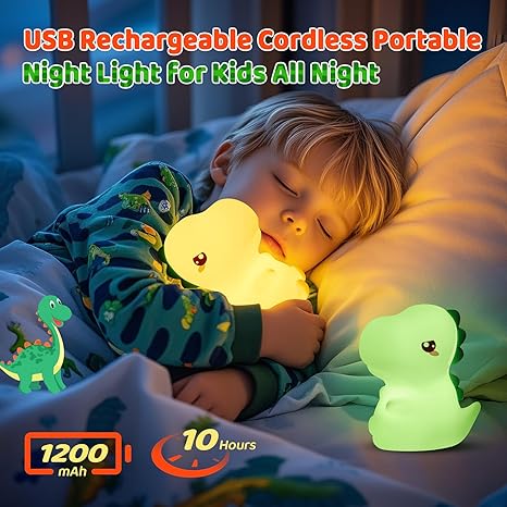 Dinosaur Night Light 7 Colors, Silicone Squishy Cat Lamp, Battery Operated Night Lights, Tap Control, Energy Saving LED Lamp Cute Gifts for Christmas, Nursery Nightlight